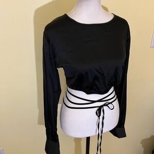 No. One. Cares. Black Long Sleeve Crop Top with Wrap Detail Size Large